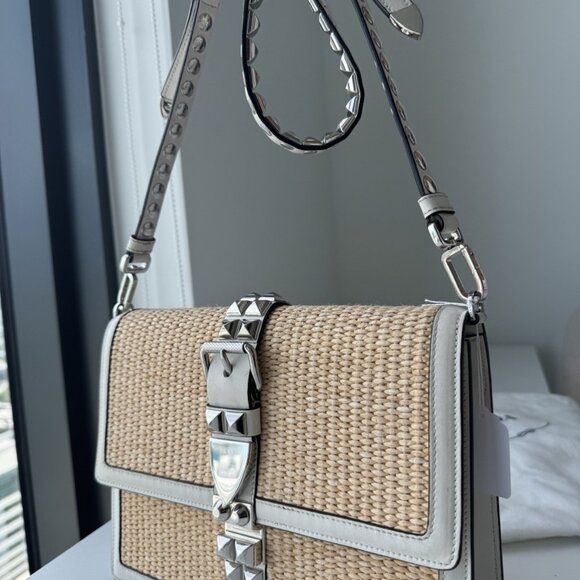 PRADA ELEKTRA SHOULDER BAG HANDBAG WHITE LEATHER AND RAFIA. Auth - Picture 2 of 14